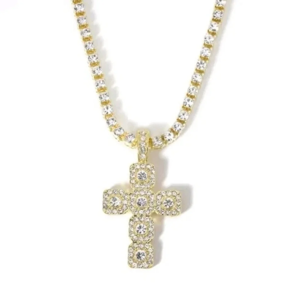 14k Yellow Gold Plated Lab Created Diamond Cross Pendant Tennis Necklace 18